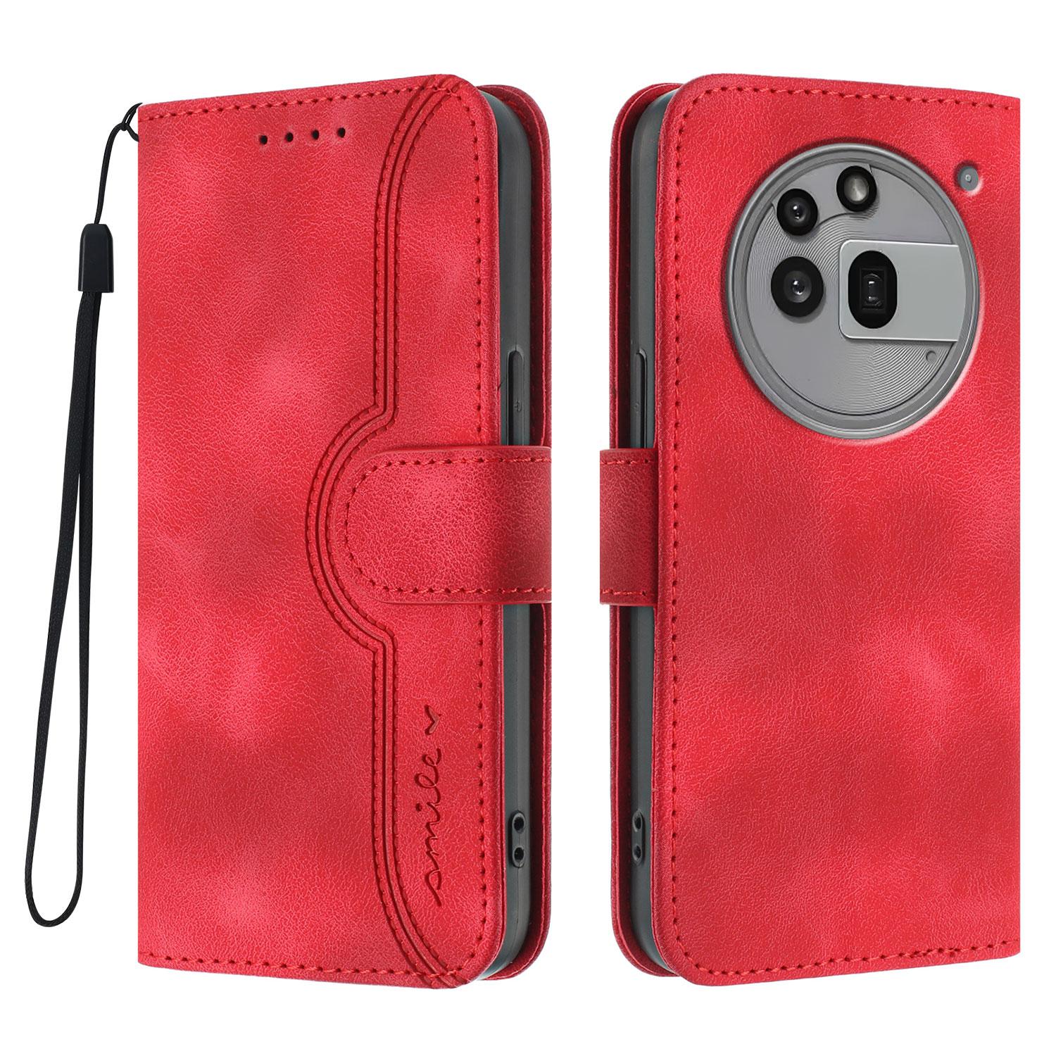 

For Nothing Phone (3a) Pro Leather Case Wallet Stand Smile Imprinted Phone Cover with Strap Red