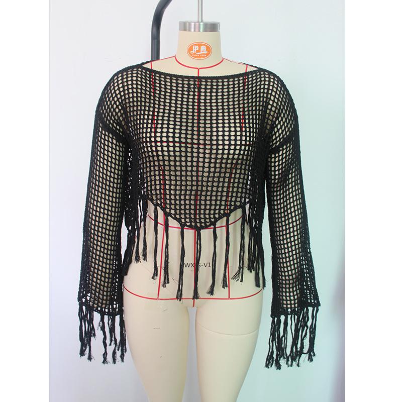 Hollow-out knitted sunscreen shirt, bikini swimsuit with smock, sexy loose pullover beach smock