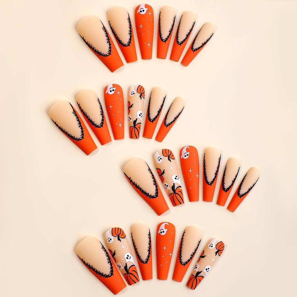 Ghost Spider Halloween Orange French Edge Press-On Nails
