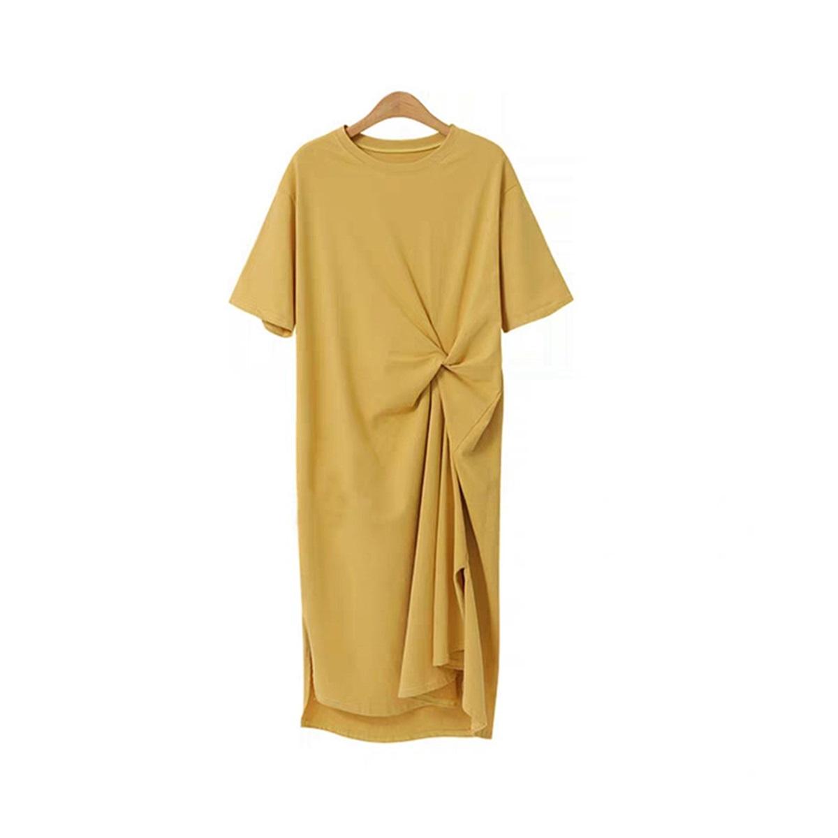 

Tooxika Платье средней длины Женское Хлопковое Свободное Повседневное С разрезом Короткий рукав Большой размер До колена Ленивый ветер Платья-футболки XL жёлтый