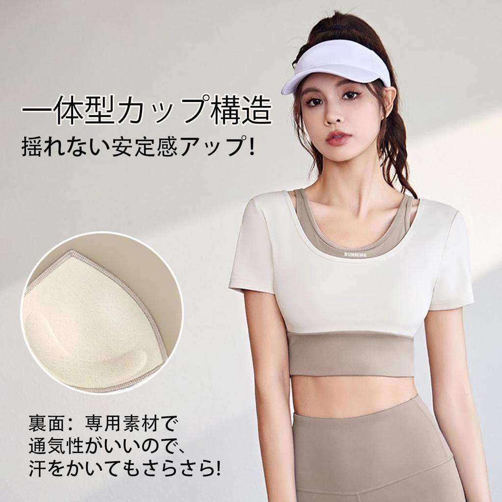 MORGEN SKY Short Sleeve Sports Bra with Yoga Fitness YD035 Women's Cups, Wear, Wear, Tennis, Golf, Gym, Stretchy, Breathable, Quick-Drying, Stylish,