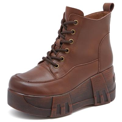 GKTINOO  Retro Women Platform Boots Autumn Round Toe Genuine Leather Wedge Heel Ankle Boots Women Handmade Casual Shoes