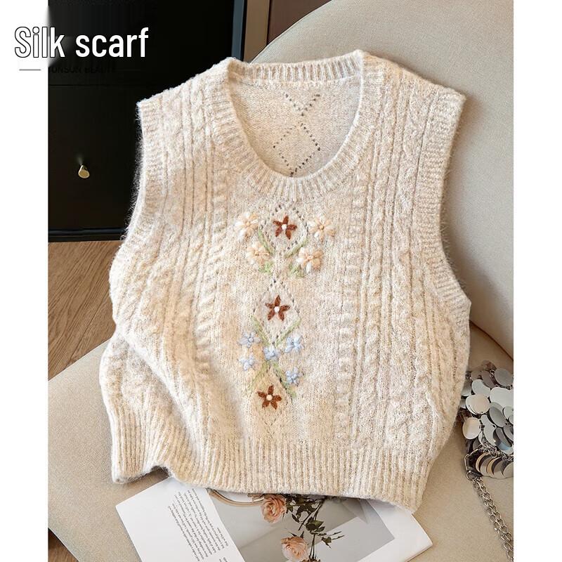 Women's Round Neck Loose Fit Embroidered Pullover Vest