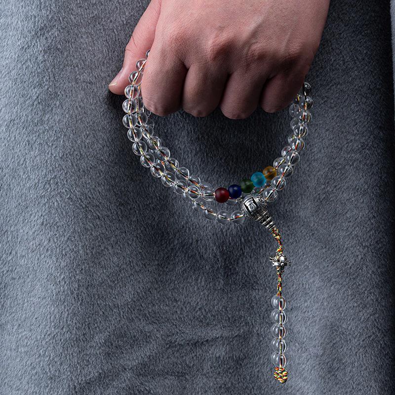 8-12mm White Crystal Buddhist Beads with Glass Rosary & Vajra Accessories.