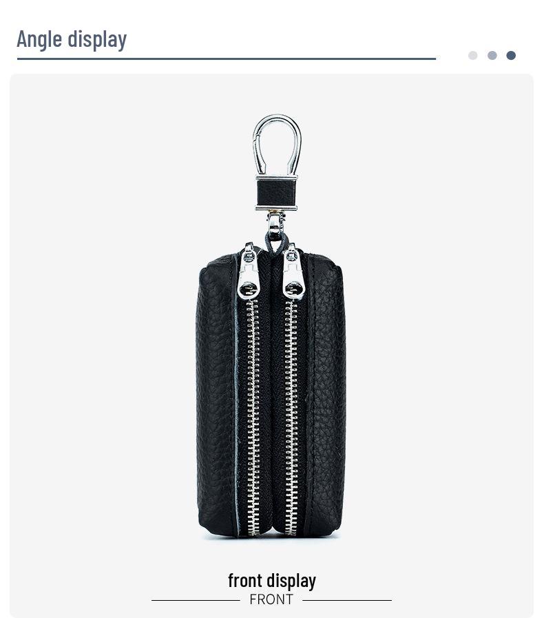 Genuine Leather Key Holder with Double Zipper, Large Capacity, Multi-functional Card Holder, Coin Purse & Key Case for Home Use