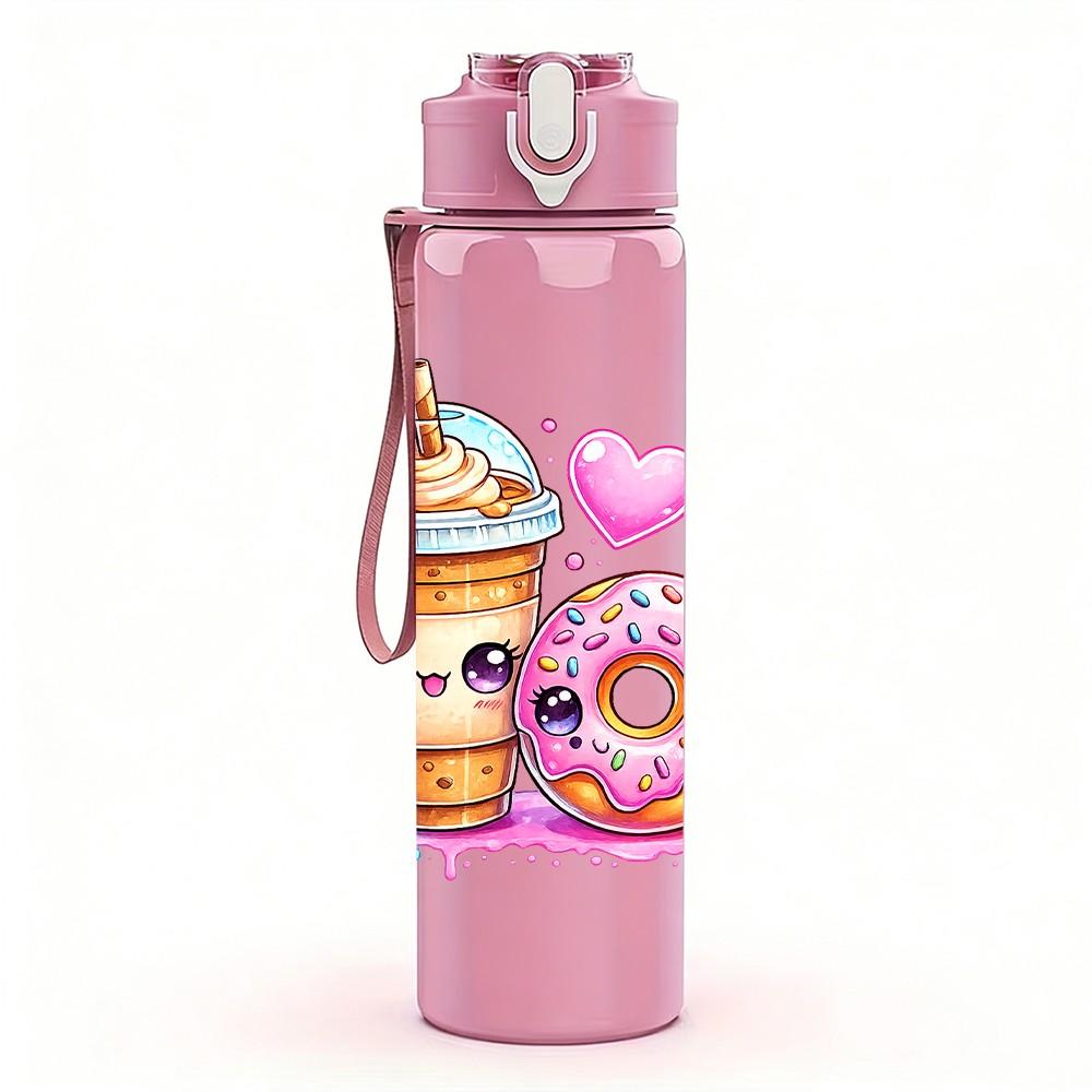 1PC Sweet Drink Donut Dessert Cartoon Print 750ml Color Plastic Sports Water Bottle Leakproof Flip Straw Lid Suitable for Sports Office Home Use