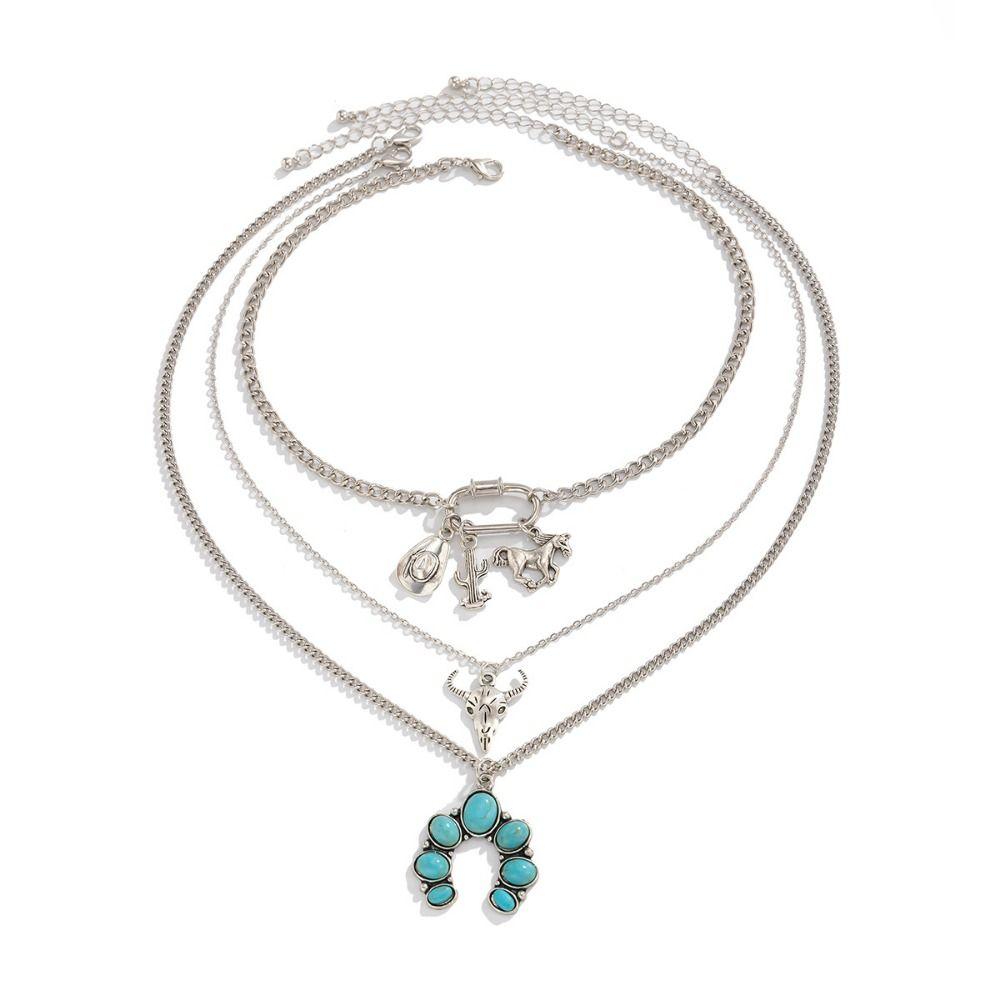 Cowboy Hat Turquoise Necklace Cattle Clavicle Chain Trendy Bull Head Pendant  Party