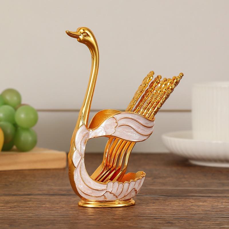 Swan Fruit Fork Storage Kitchen Creative Metal Craftware Set of Silver and Gold Color Spoons