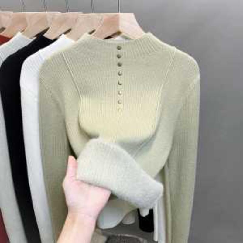 Half Turtleneck Sweater for Women Velvet Bottoming  Autumn Winter New Knitted Trendy Top