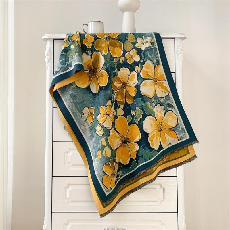 Winter oil painting style scarf women's plate four shuttle imitation cashmere shawl thickened warm fringed scarf