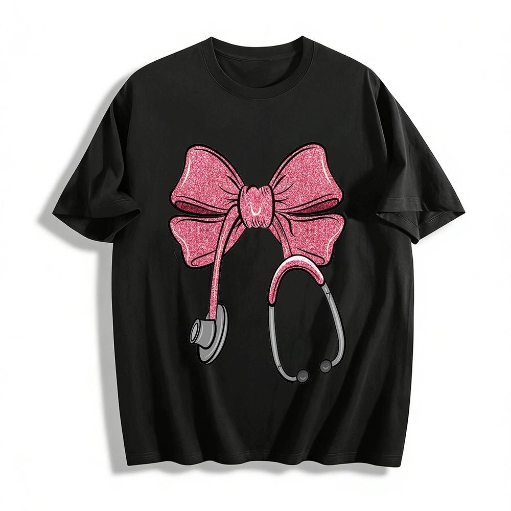 Glitter Pink Bow Stethoscope Nurse Themed Graphic Casual Top Pure cotton T-shirt XXS