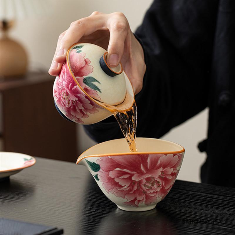 Chinese Traditional Ceramic Gaiwan Household Tea Tureen Handmade Flower Teacup Travel Portable Tea Set Teaware Accessories 110ml