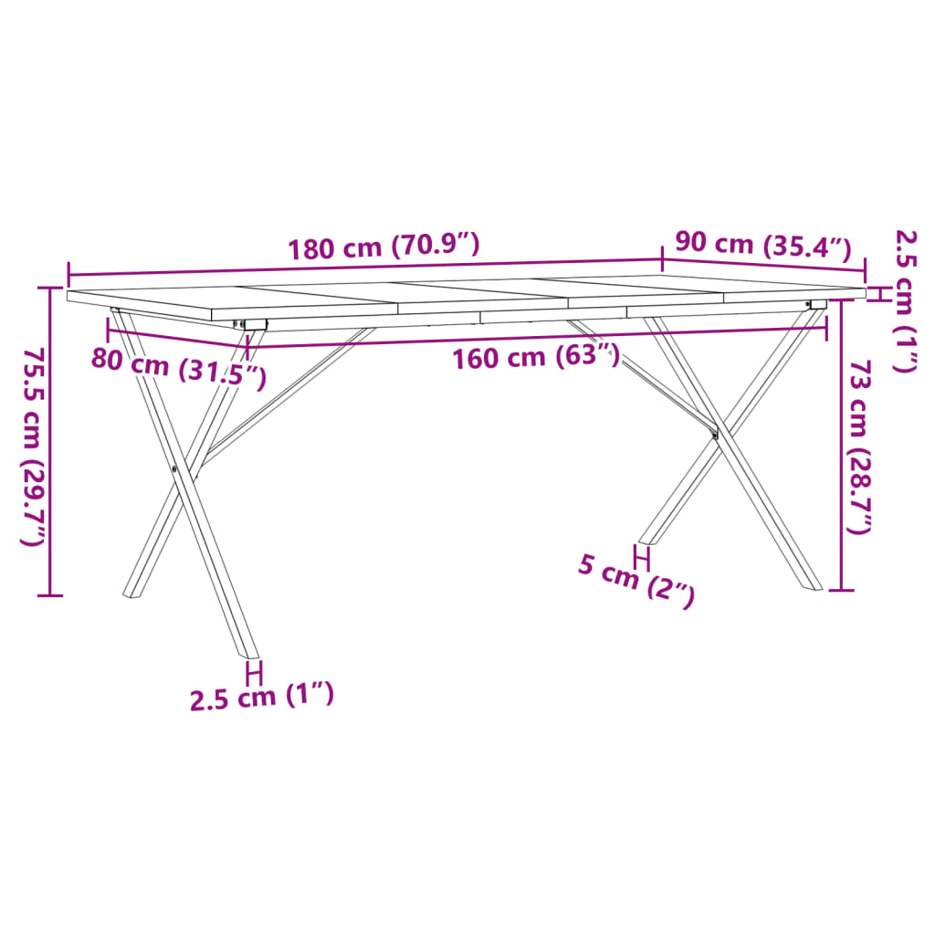Dining Table X Frame 180x90x75.5 cm Solid Pine Wood & Steel