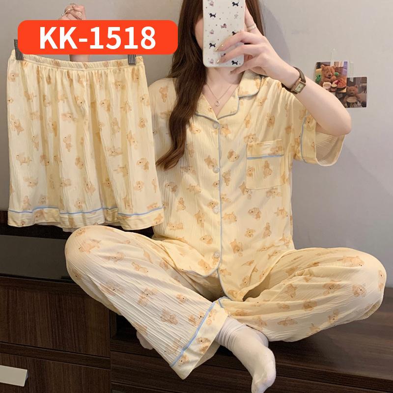 Retro Small Floral High-End Wrinkled Cloth Pajamas Women'S Summer Casual Homewear Short-Sleeved Three-Piece Set