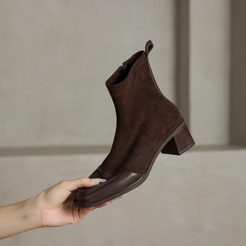 Krazing Pot Cow Skin Winter Square Toe Chelsea Boots Med Heels Zipper Women Flock Patch Work Ankle Boots