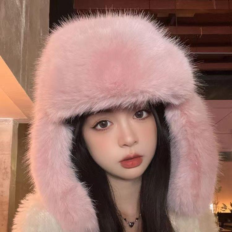 Thicken Faux Fur Bomber Hat Winter Warm Ear Protection Imitation Fur Hat Female Winter Earflap Ski Cap