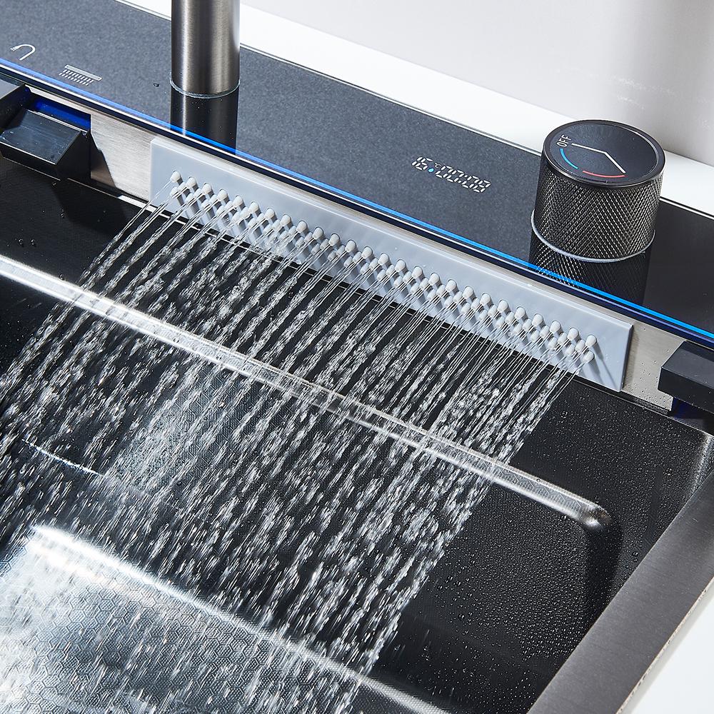 304 Stainless Steel Waterfall Kitchen Sink Faucet Set with Large Single-slot Integrated Digital Display Soap Dispenser 75*45 Cm