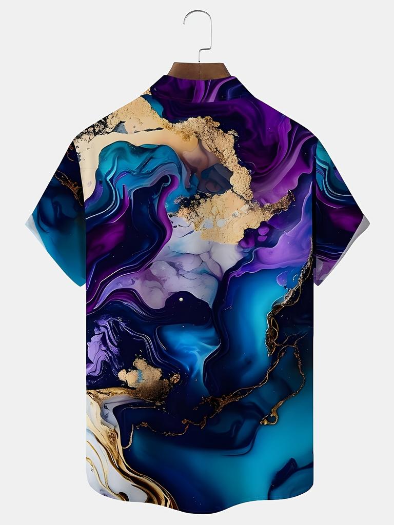 Men's Large Size Button Pocket Short Sleeve Shirt with Fashion Art Gradient Abstract 3D Digital Print