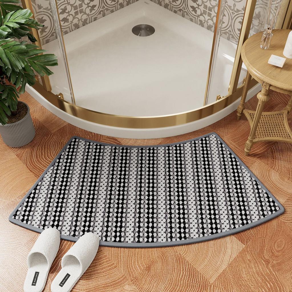 Arc-Shaped Chenille Bath Mat - Non-Slip Shower Door Mat, Ultra Absorbent & Soft, 3D Embossed Surface, Rubber Anti-Slip Bottom