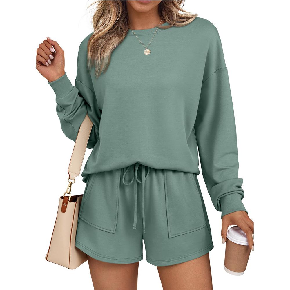 Autumn New Women's Round-neck Long-sleeved and Short-sleeved Two-piece Casual Sweatshirt Set