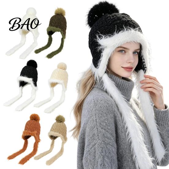 Ear Warmer Hat for Cycling Women Knitted Earflap Hat, Fuzzy Trim Pompom Soft Warm Outdoor Winter Knit Cycling, Cold Weather Daily Wear