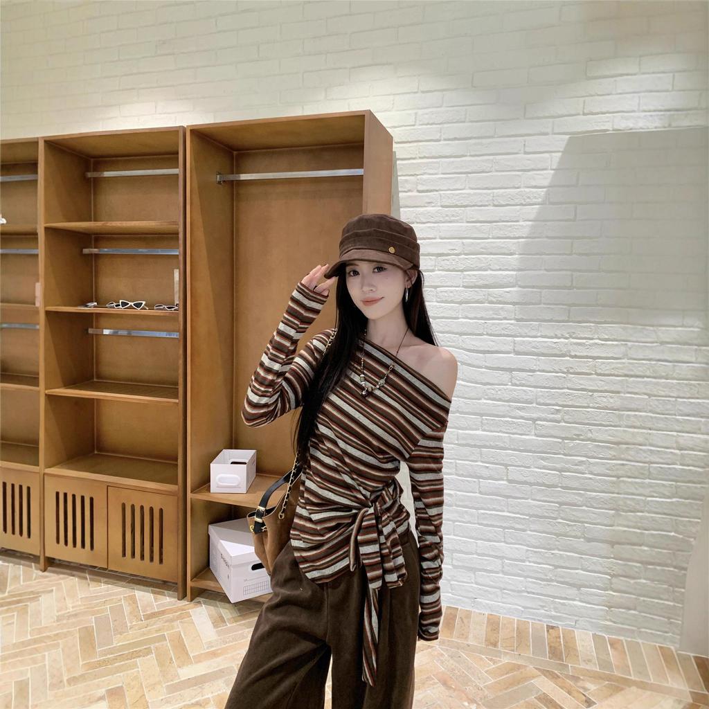 Color-Block Striped One-Shoulder Lace-up Long-Sleeve Tee, Women's Early Autumn Sexy Slim-Fit Top