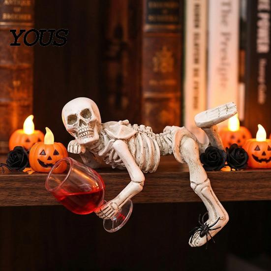 Gothic Skeleton Statue Halloween Resin Figurine, Holding Glass Bottle Decorative Skull Figure Statue, Desktop Decoration for Home Office Bookshelf