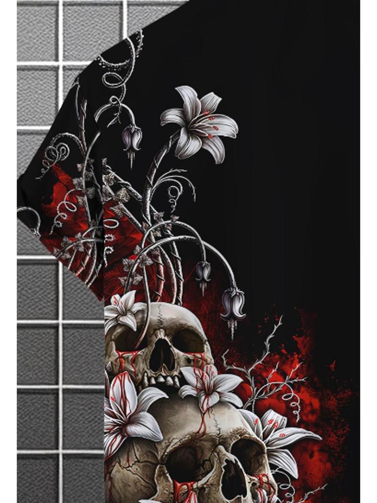 Men's Casual Short - Sleeve Shirt, Skull Pattern Printed, Polyester Material, Mixed Color, Multiple Specifications Available, Fashionable for Daily