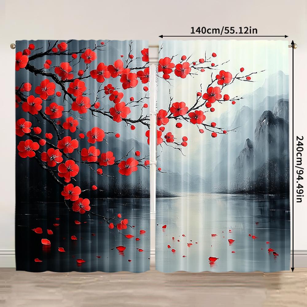 2pcs, Spring Summer Curtains Red Plum Blossom Sheer Curtains Versatile Polyester Outdoor Decorations Perfect for Bedroom Office