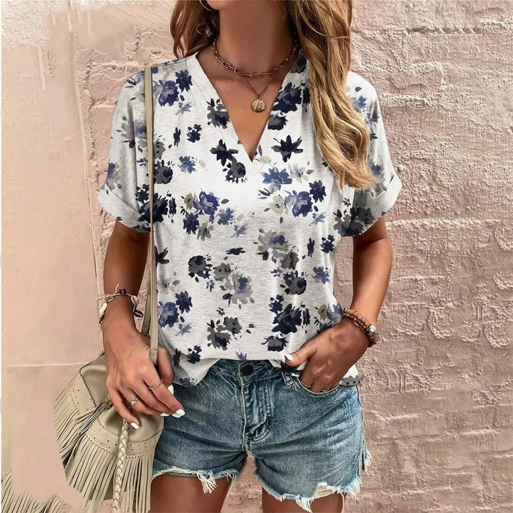 S-8XL Plus Size Crushed Flower Casual T Shirts Streetwear Casual Women's Short Sleeve Tops Tees V Neck T-shirt Fashion Clothing