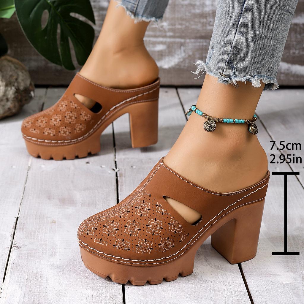 Summer new hollow thick heel thick sole muller shoes women's metal buckle retro style daily street niche design