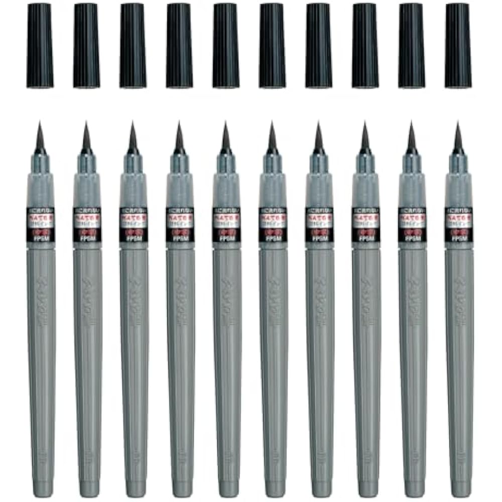 Pentel Brush Pen, Pentel Brush, Pigment Ink, Medium Tip, Black, 10-Pack XFP5M(10)