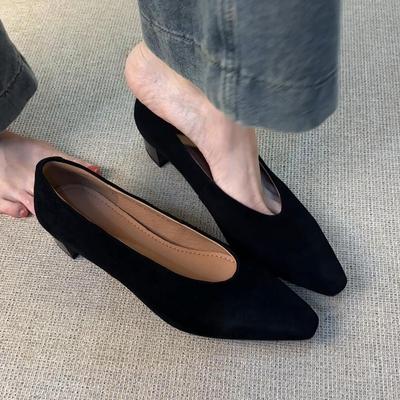 Pantofi simpli cu un singur pedală din piele mată pentru navetă, pantofi de damă, gură ușoară franceză, cap pătrat, toc gros retro, pantofi de bunică