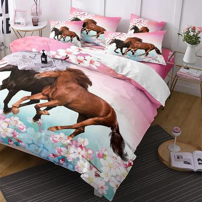 Kirschblüten Pferd Bettdeckenbezug Bettwäschesets für King 3D-Druck Graslandtiere Bettbezug-Set Hohe Qualität Mikrofaser
