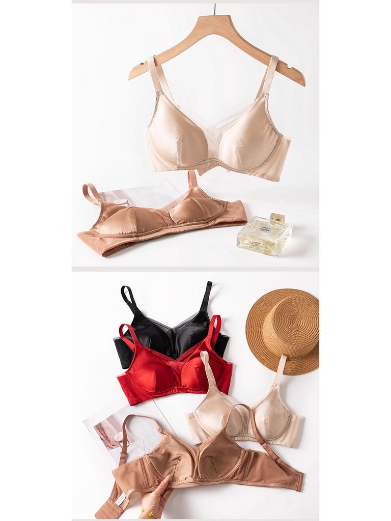 2025 New 19 Momme Silk Deep V Wire-Free Push-Up Bra with Mesh Patchwork