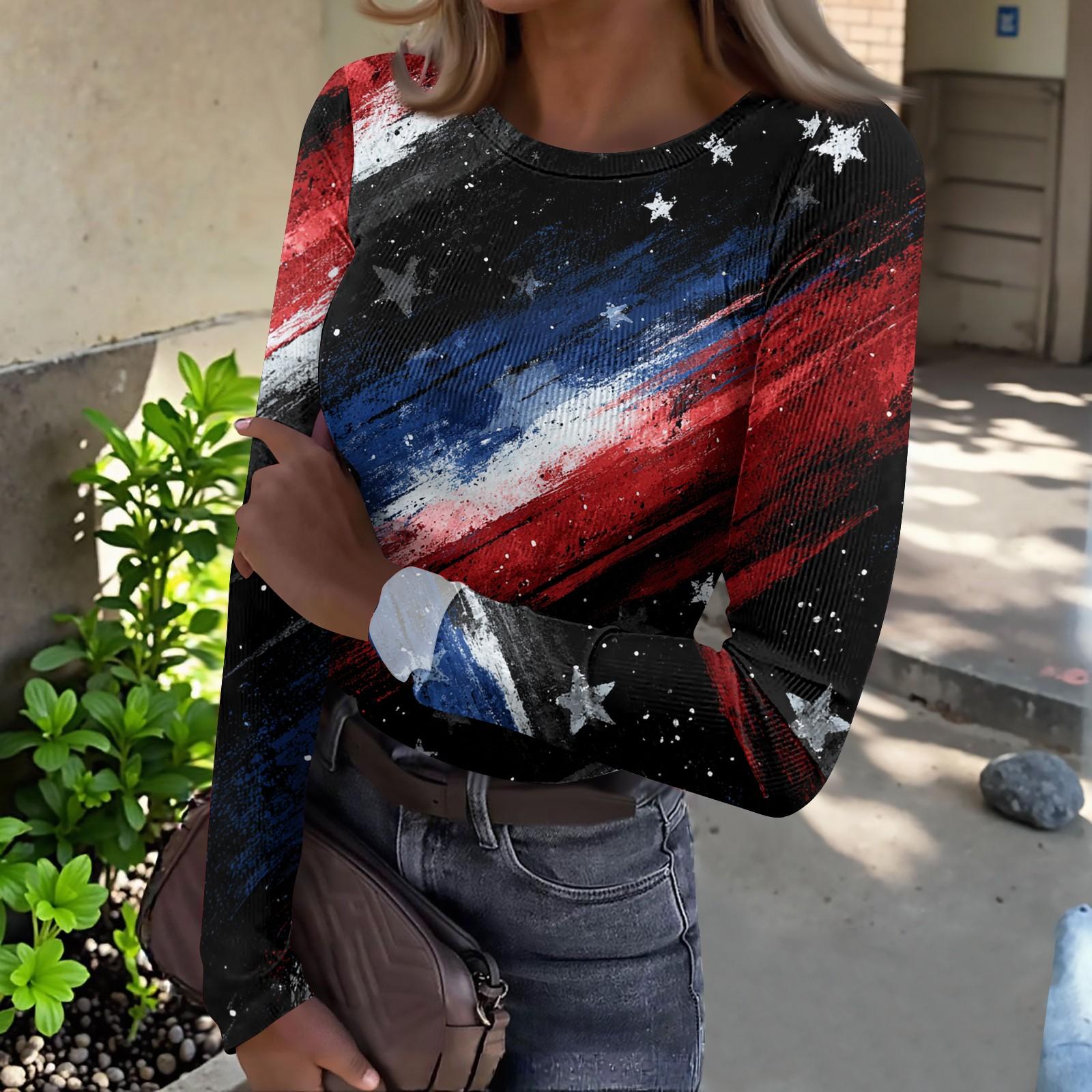 

Women s Casual Fashion Round Neck Independence Day Print Long Sleeve Ribbed Top L чёрный