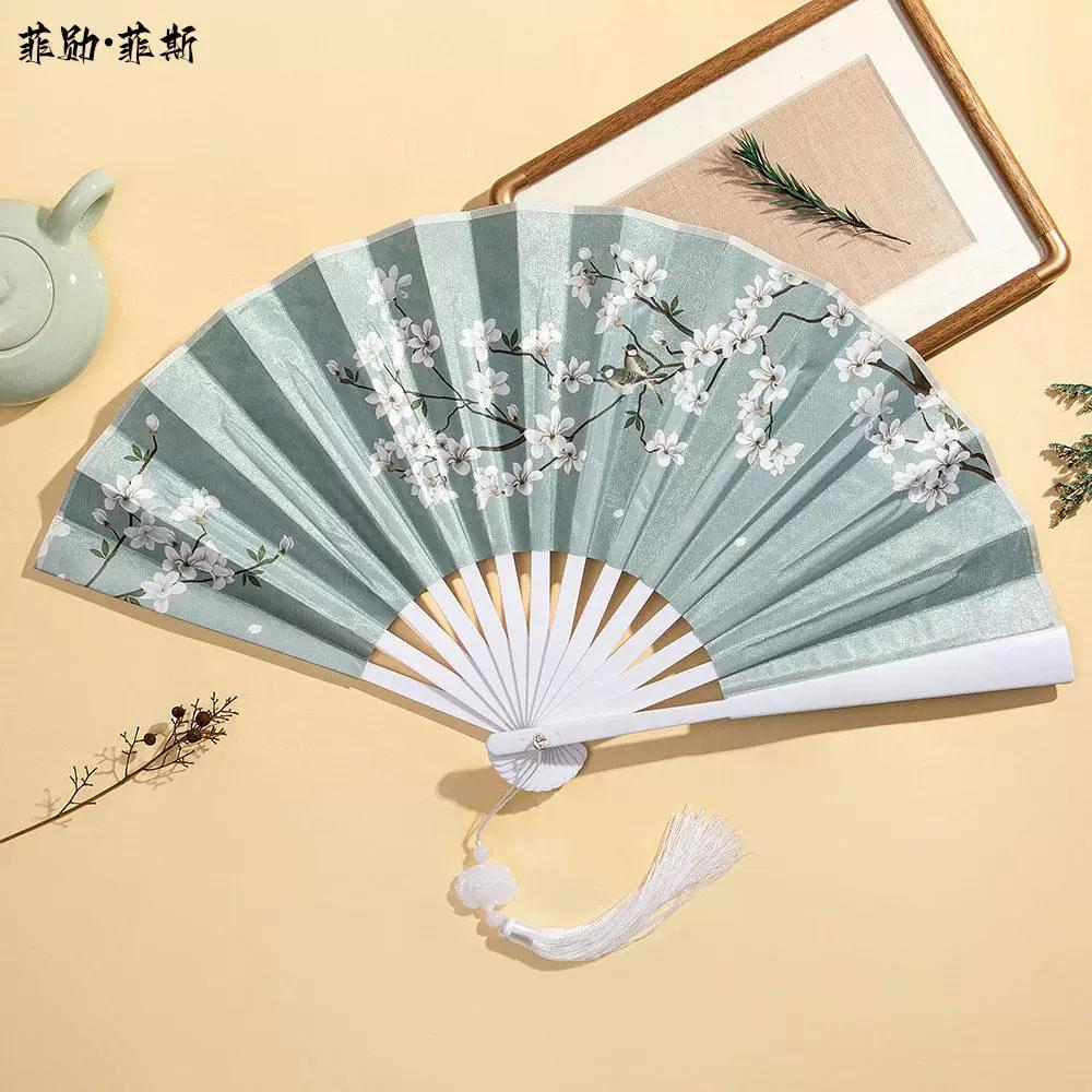 Hanfu Fan for Boys, Chinese Style 8inch Plastic Fan with Tassel Pendant, Trendy Folding Fan for Children, Silk Cloth, Ancient Style, Tear-Resistant