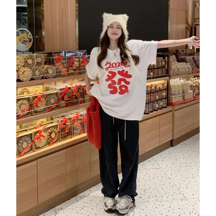 

Shoulder Loose Cotton Printed Short Sleeve T-Shirt Women S