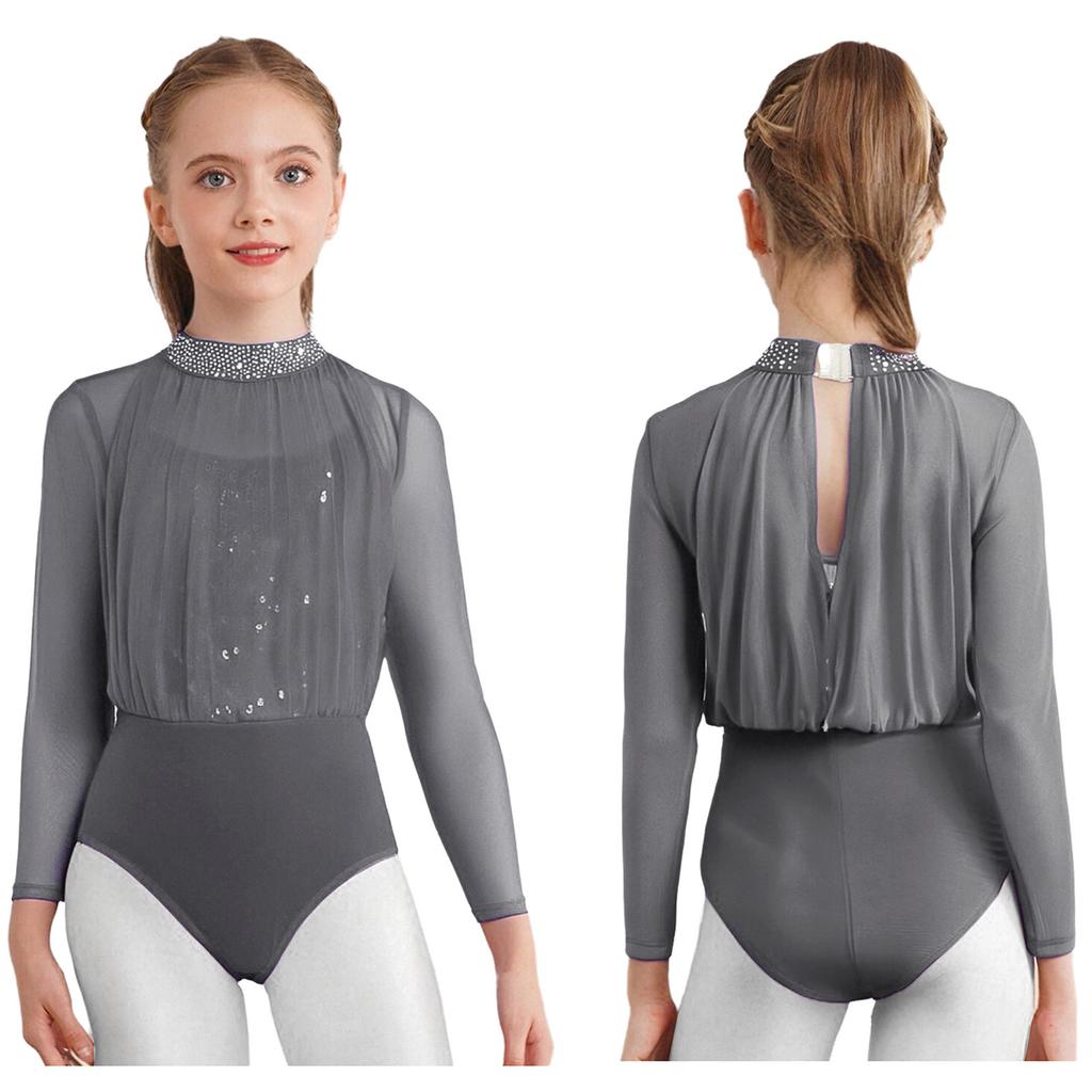Body da Pattinaggio Artistico a Maniche Lunghe per Ragazze Costume da Danza Moderna Design con Schiena a Goccia Paillettes Strass Outfit