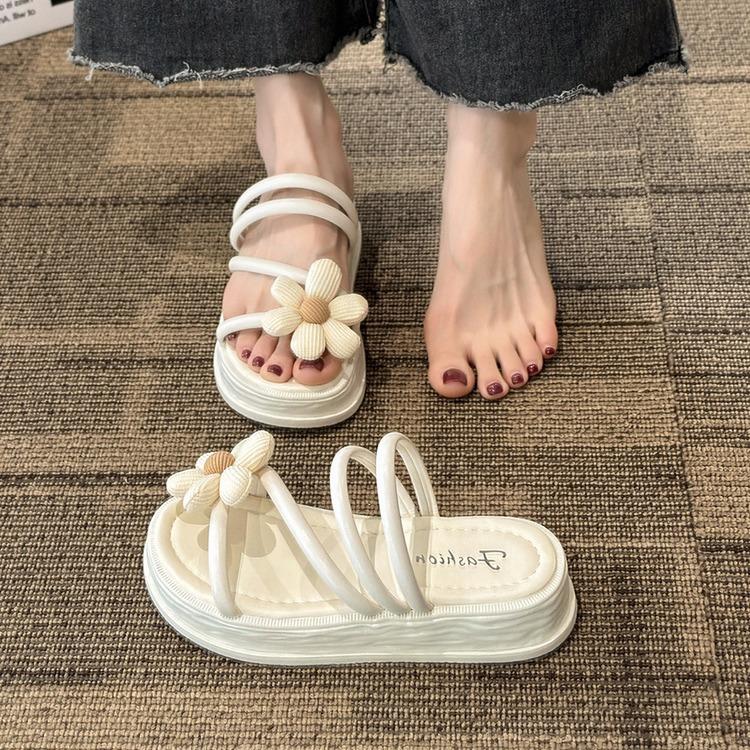 Super heiße Damenschuhe, Sandalen Damen Sommer neu süße Blume dünner Riemen dicke Sohle Cover, mittlerer Absatz und coole Pantoletten