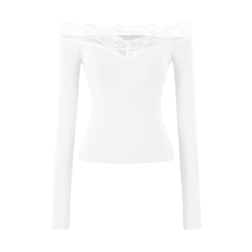 Elegant Lace One-Shoulder Long-Sleeve Women's T-shirt - 2026 Slim Fit, Classy & Off-the-Shoulder Style