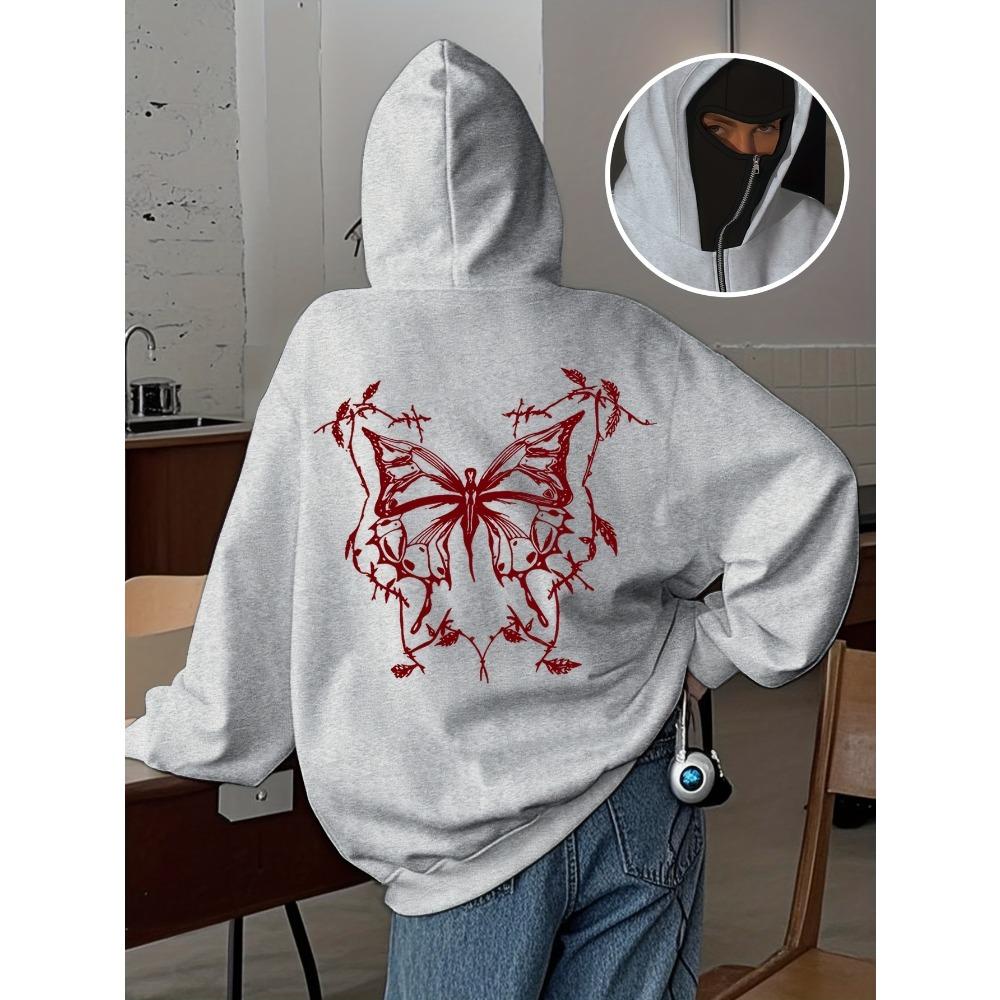 Women's Minimalist Casual Butterfly Print Gothic Hooded Sweatshirt with Double Hats for Outerwear