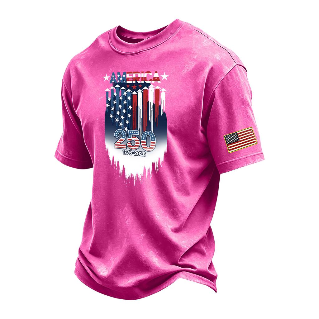 Men's Vintage Washed Short Sleeve Crew Neck T-Shirt with Patriotic Graphic Print and Sleeve Flag Patch Casual Fit