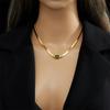 Gold Plated Herringbone Necklace with Emerald Green Oval Crystal Pendant Fashion Jewelry for Women
