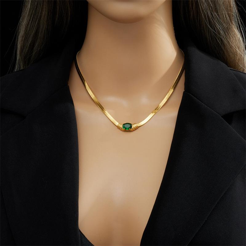 Gold Plated Herringbone Necklace with Emerald Green Oval Crystal Pendant Fashion Jewelry for Women