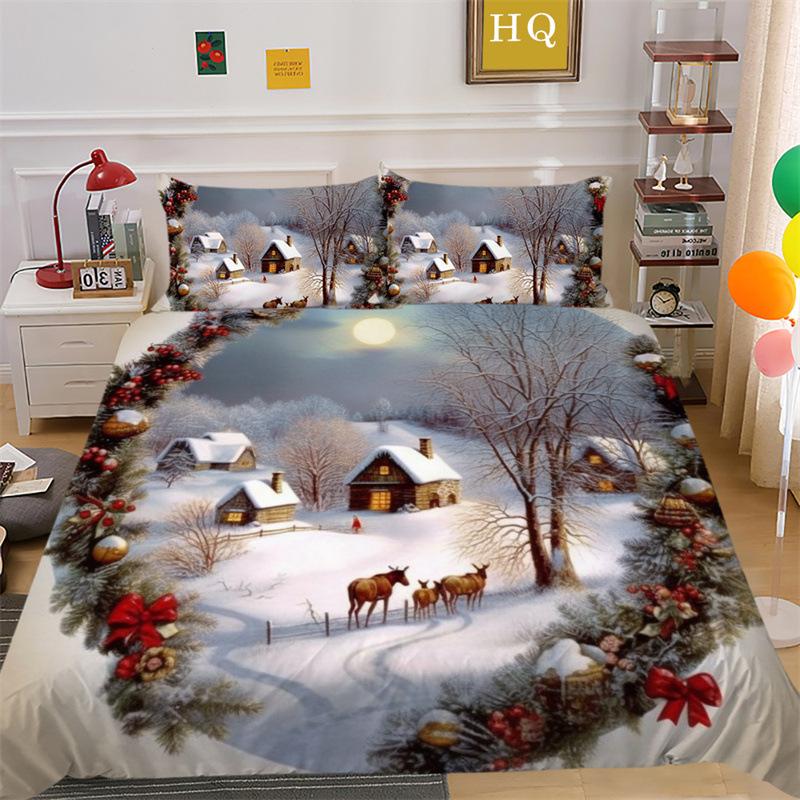 Weihnachts-Schneeszene 3D-gedruckter Polyester-Kissenbezug Bettbezug Zwei- oder Dreiteiliges Set
