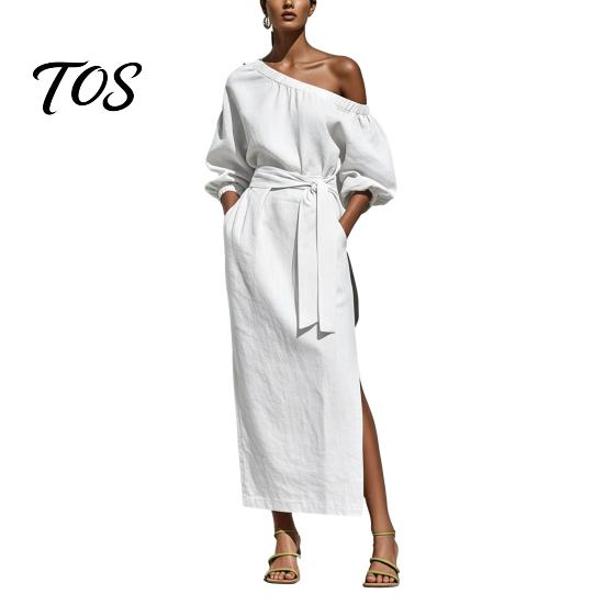 Women Long Dress One Shoulder Dress, Solid Color Tie Waist Side Split Casual Summer Dresses Party Sleeve Maxi for Everyday Wear