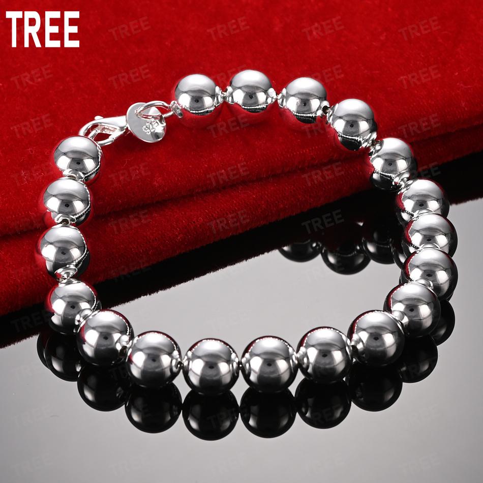 925 Sterling Silver 10mm Polished Bead Side Chain Bracelet Gift Jewelry 20CM