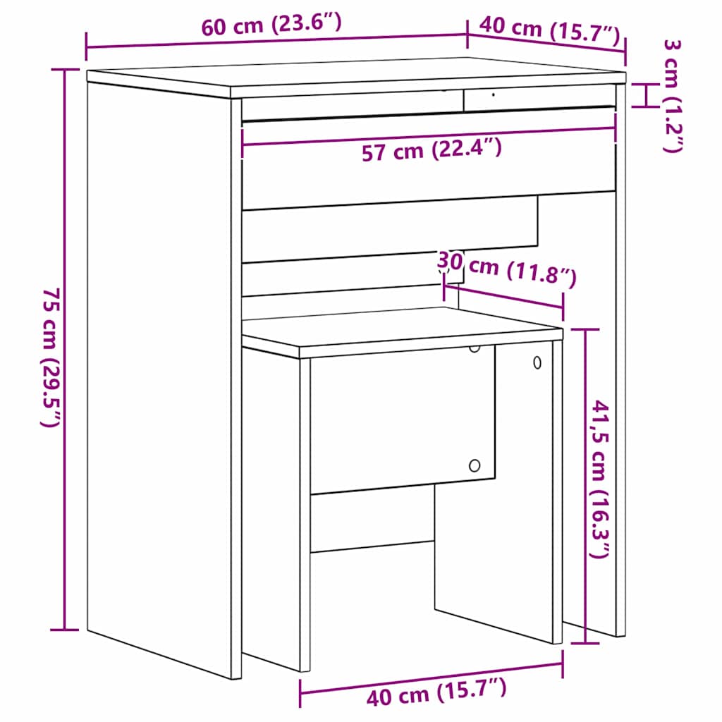 Makeup Table Black Oak Effect 60 x 40 x 75 cm Engineered Wood