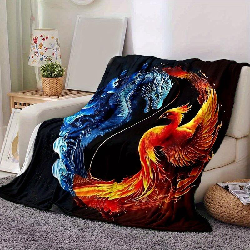 1pc Blue Dragon and Red Phoenix Blanket Soft Throw for Home Decor, Gift Idea,Living Room, Travel, Camping
